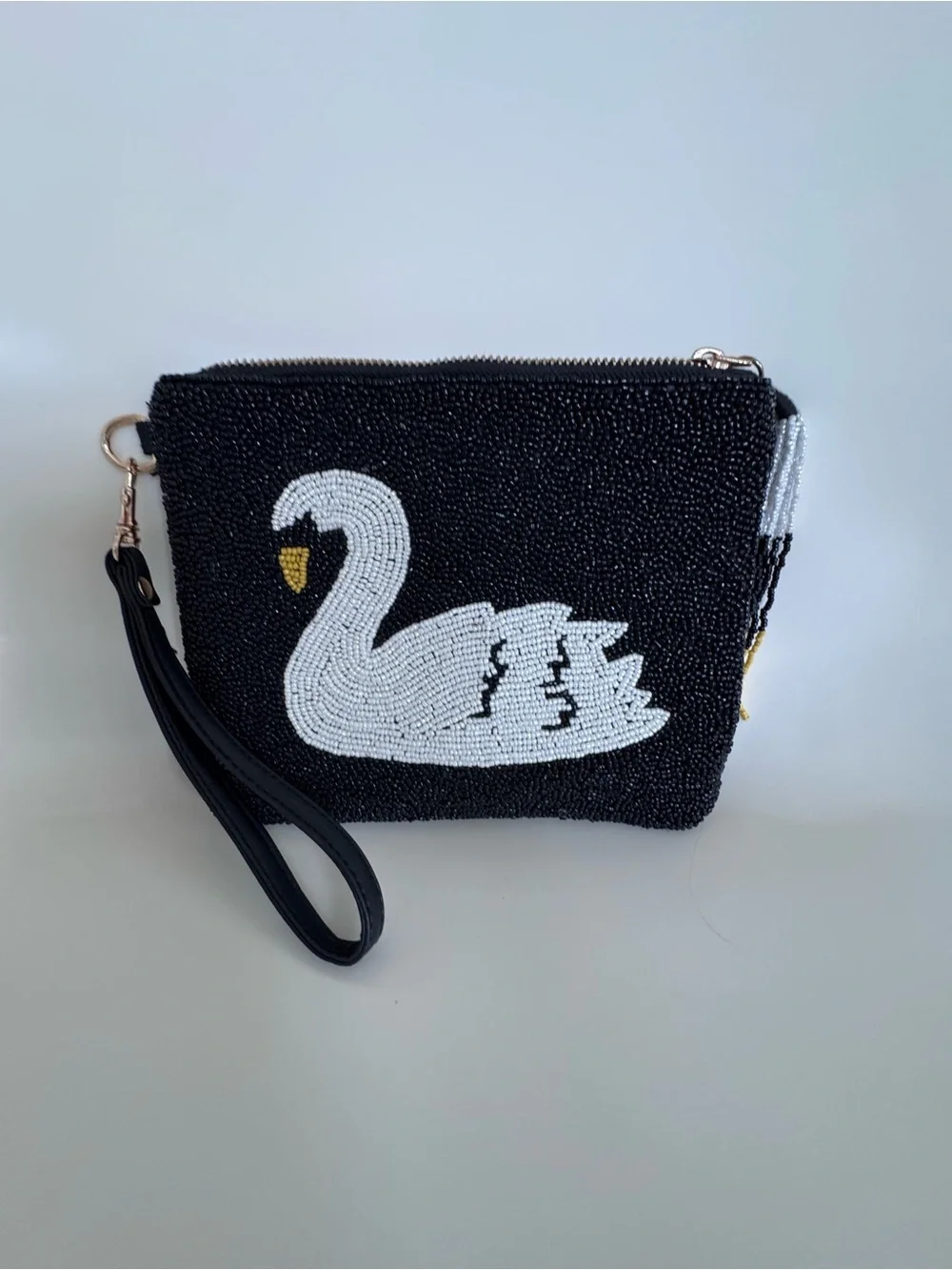 Sincerely Jules Swan Beaded Wristlet Clutch Black White Statement Evening Bag